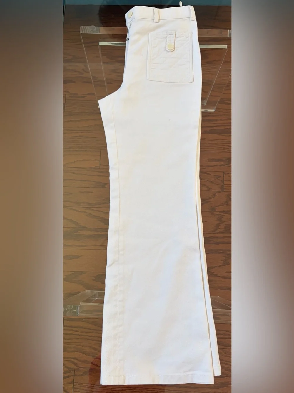 AUTHENTIC CHANEL VINTAGE 2004 CRUISE WHITE WIDE LEG QUILTED UTILITY DENIM PANTS